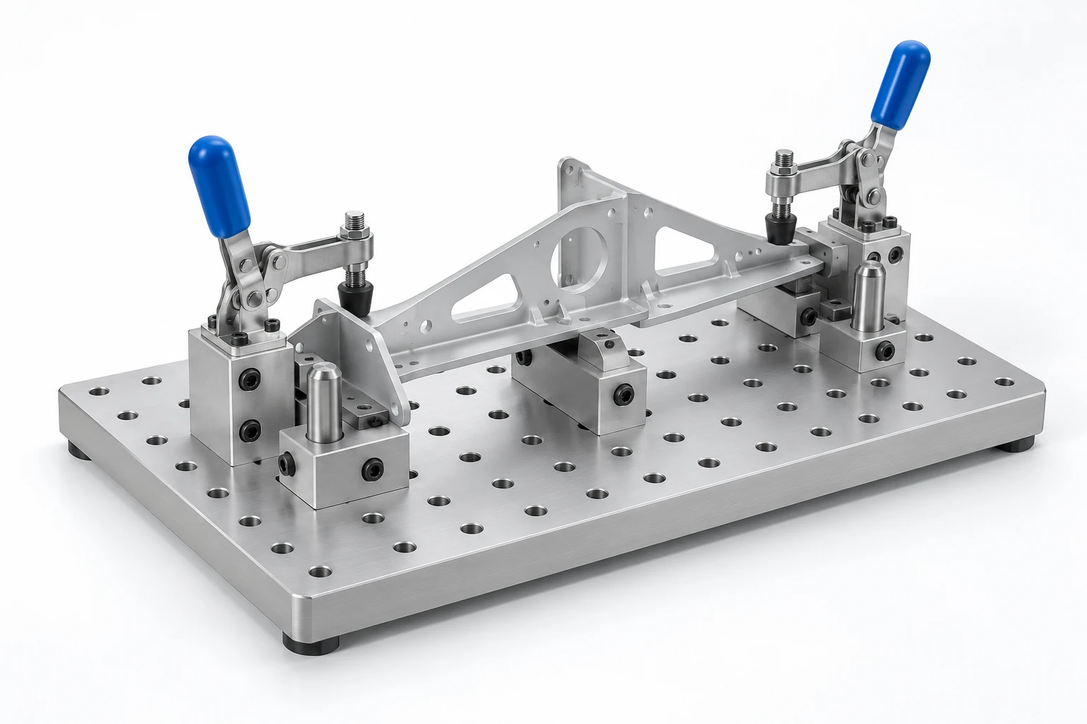 Illustrative concept of a machined modular baseplate supporting a sheet-metal bracket with locating blocks and blue-handled clamps.